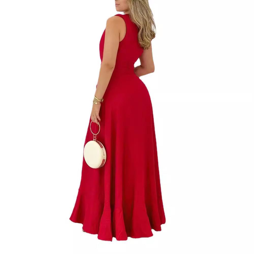 Women's High-waisted Red Stand Collar Printed Commuter Sleeveless Dress