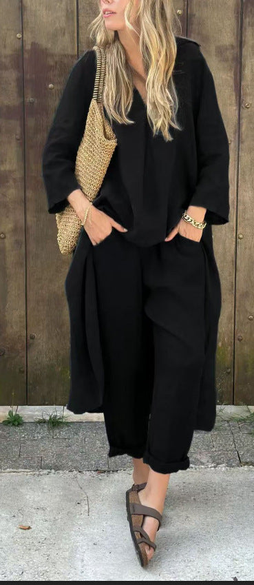 Tenue Décontractée Chic – Haut Long V & Pantalon Taille Haute