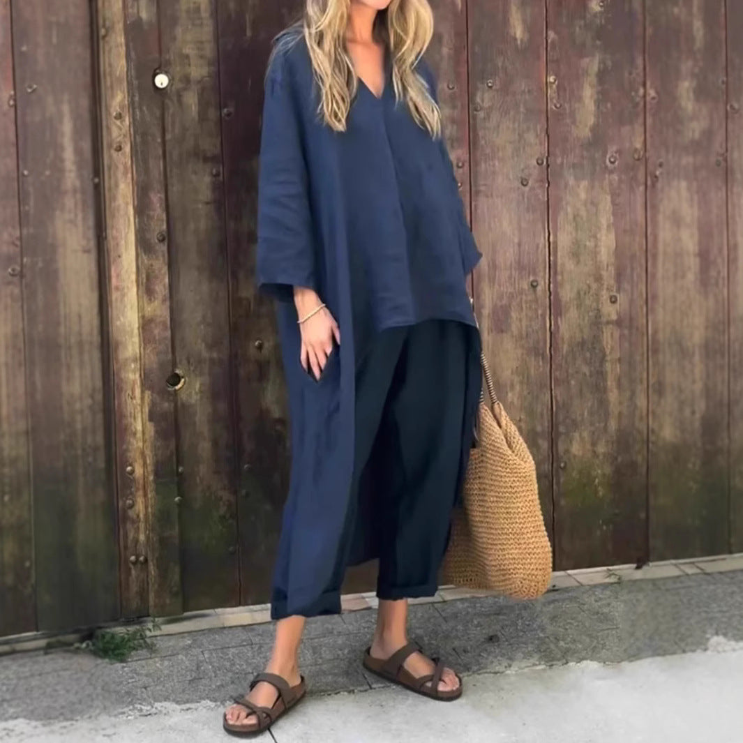 Tenue Décontractée Chic – Haut Long V & Pantalon Taille Haute