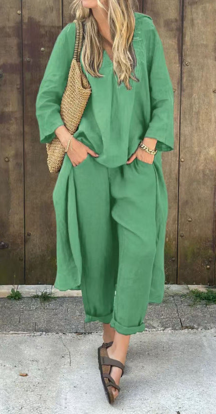 Tenue Décontractée Chic – Haut Long V & Pantalon Taille Haute