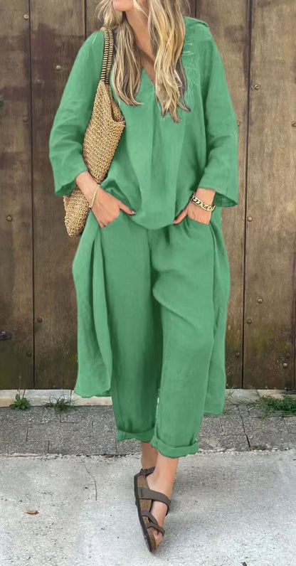 Tenue Décontractée Chic – Haut Long V & Pantalon Taille Haute