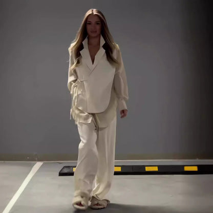 Ensemble haut et pantalon droit en mousseline de soie pour femme