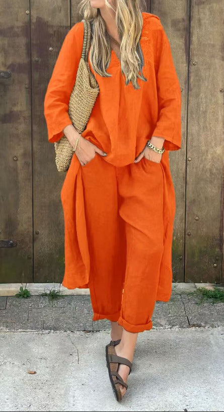 Tenue Décontractée Chic – Haut Long V & Pantalon Taille Haute