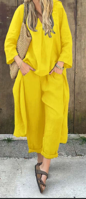Tenue Décontractée Chic – Haut Long V & Pantalon Taille Haute
