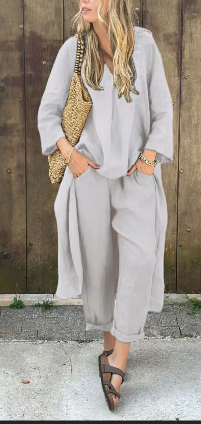 Tenue Décontractée Chic – Haut Long V & Pantalon Taille Haute