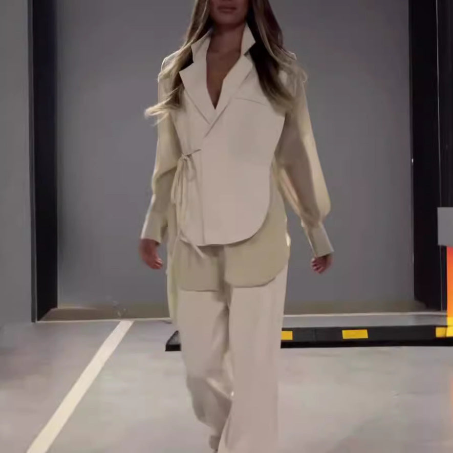 Ensemble haut et pantalon droit en mousseline de soie pour femme