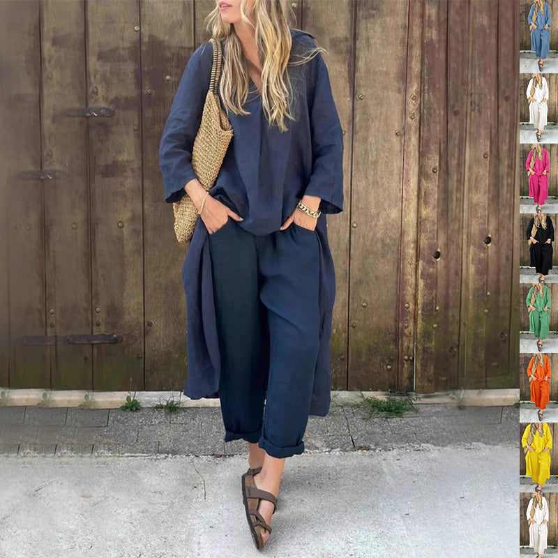Tenue Décontractée Chic – Haut Long V & Pantalon Taille Haute