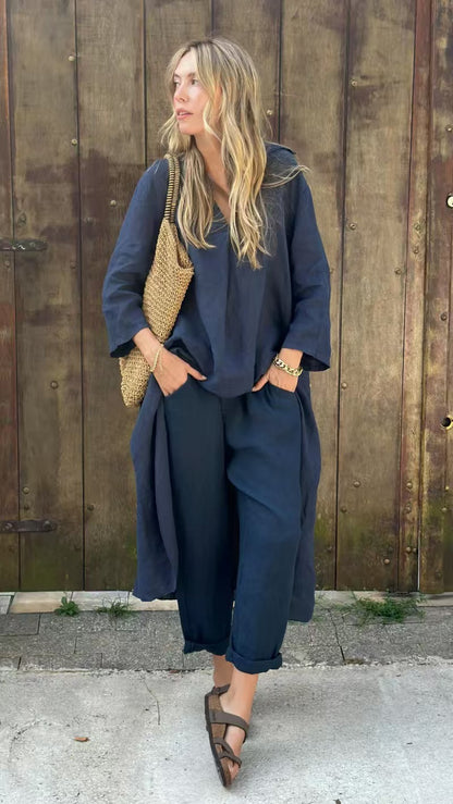 Tenue Décontractée Chic – Haut Long V & Pantalon Taille Haute