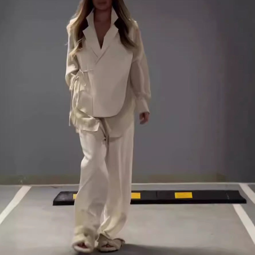 Ensemble haut et pantalon droit en mousseline de soie pour femme