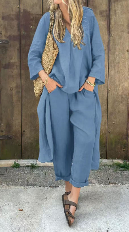 Tenue Décontractée Chic – Haut Long V & Pantalon Taille Haute