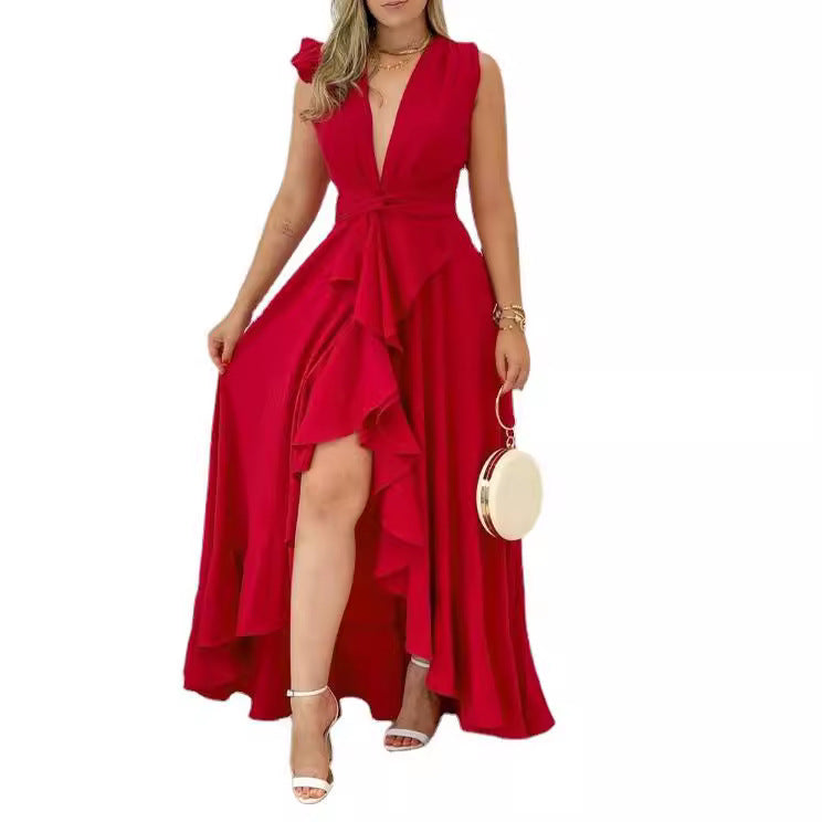Women's High-waisted Red Stand Collar Printed Commuter Sleeveless Dress