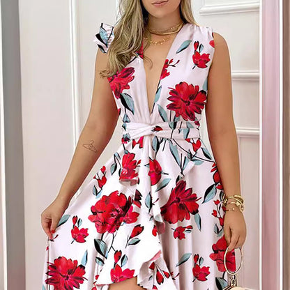 Women's High-waisted Red Stand Collar Printed Commuter Sleeveless Dress