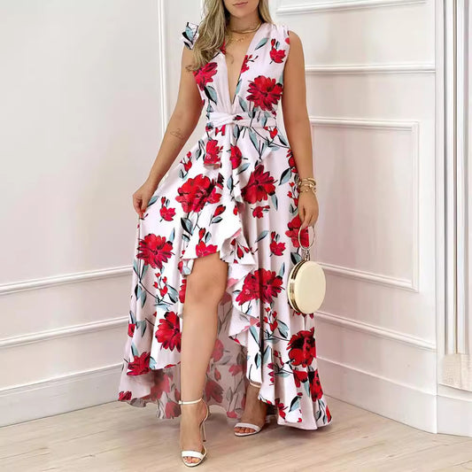 Women's High-waisted Red Stand Collar Printed Commuter Sleeveless Dress