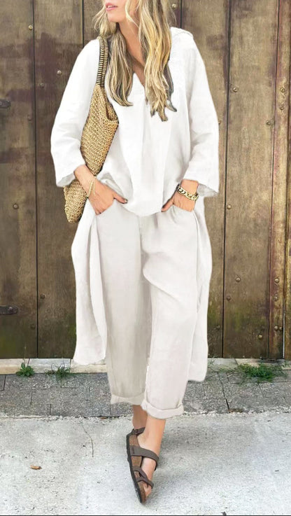 Tenue Décontractée Chic – Haut Long V & Pantalon Taille Haute