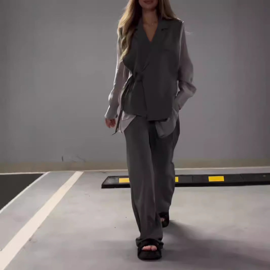 Ensemble haut et pantalon droit en mousseline de soie pour femme