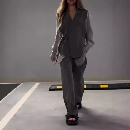 Ensemble haut et pantalon droit en mousseline de soie pour femme