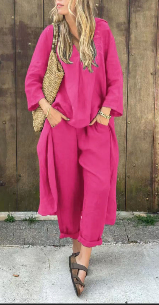 Tenue Décontractée Chic – Haut Long V & Pantalon Taille Haute
