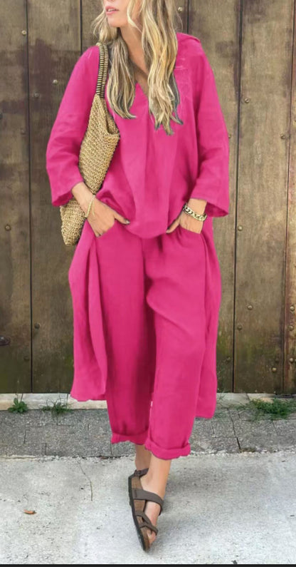 Tenue Décontractée Chic – Haut Long V & Pantalon Taille Haute